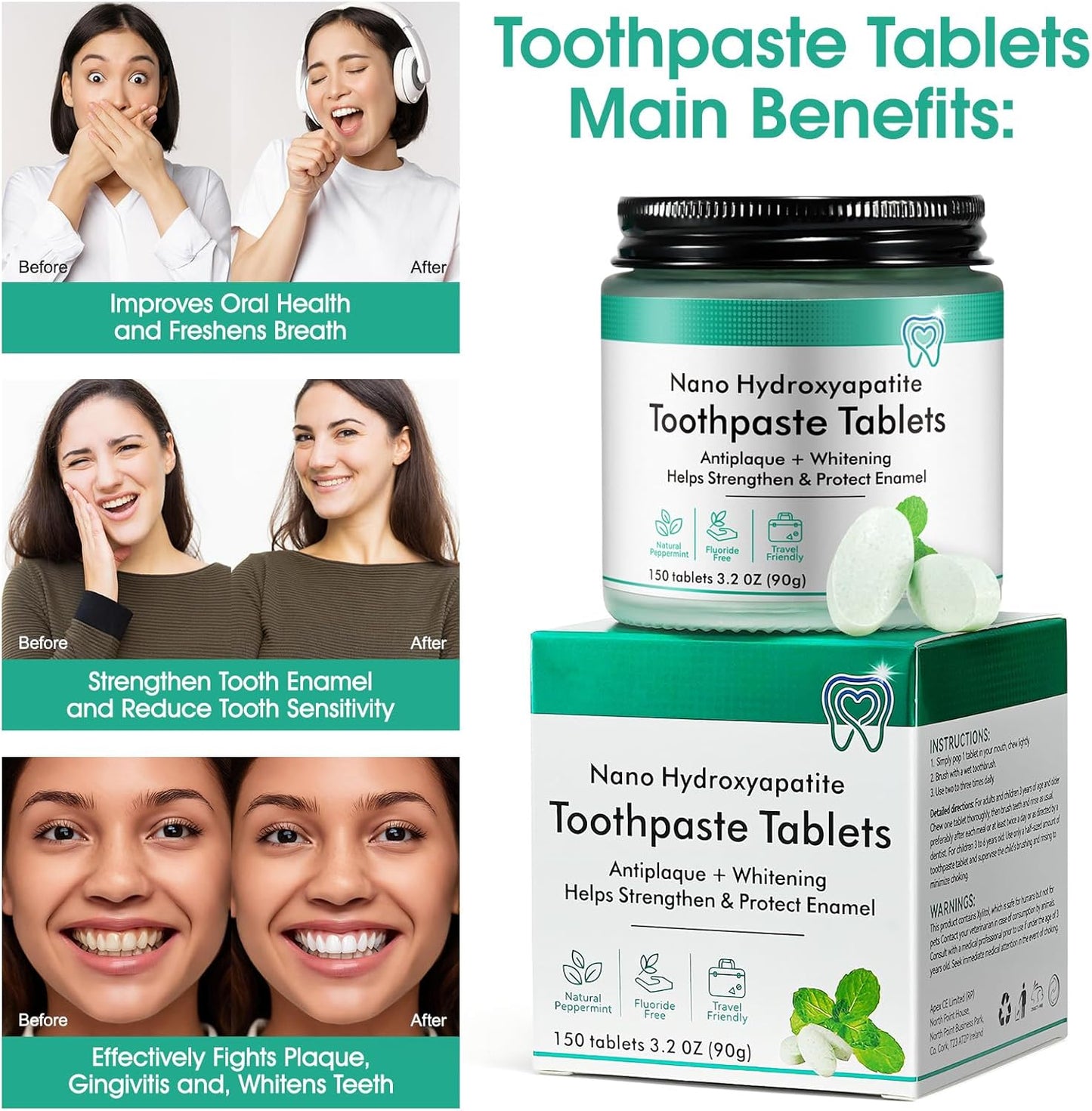 Toothpaste Tablets 150 Tabs - Chewable Nano Hydroxyapatite, Fluoride & Plastic Free, Natural Teeth Whitening, Sensitive Travel Mouthwash Tablets Peppermint (150 PCS)