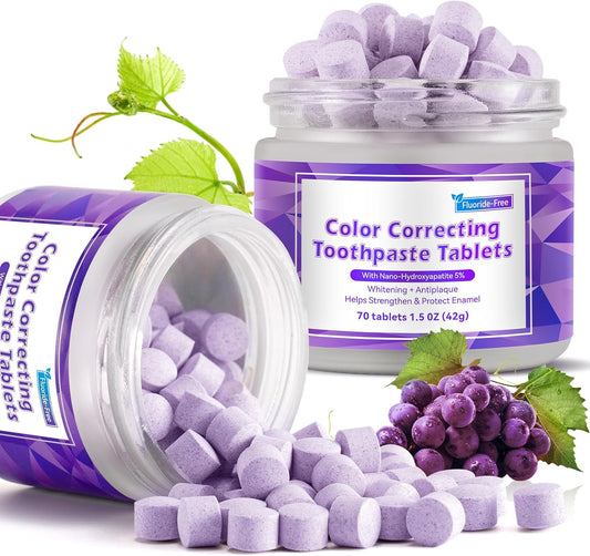 Toothpaste Tablets, Color Correcting Toothpaste Tablets with 5% Nano Hydroxyapatite - Fluoride Free, Teeth Whitening & Antiplaque, Chewable Toothpaste Tabs Strengthen Teeth 70Pcs
