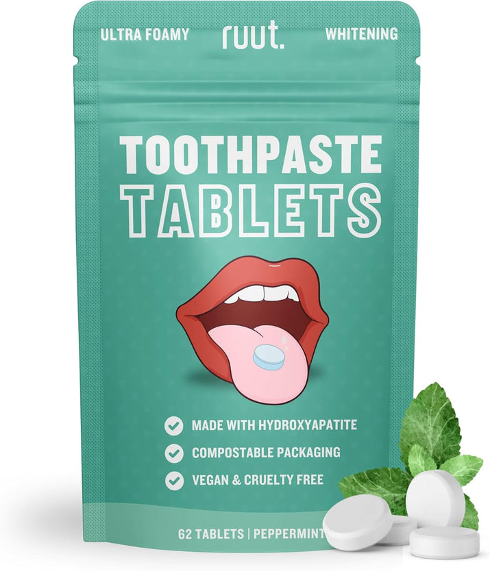 Ruut Toothpaste Tablets, Hydroxyapatite Remineralizing Eco Friendly Tablets, Fluoride Free Travel Tooth Tabs for Sensitive Teeth, Chewable Toothpaste Bites, Peppermint - 1 Month
