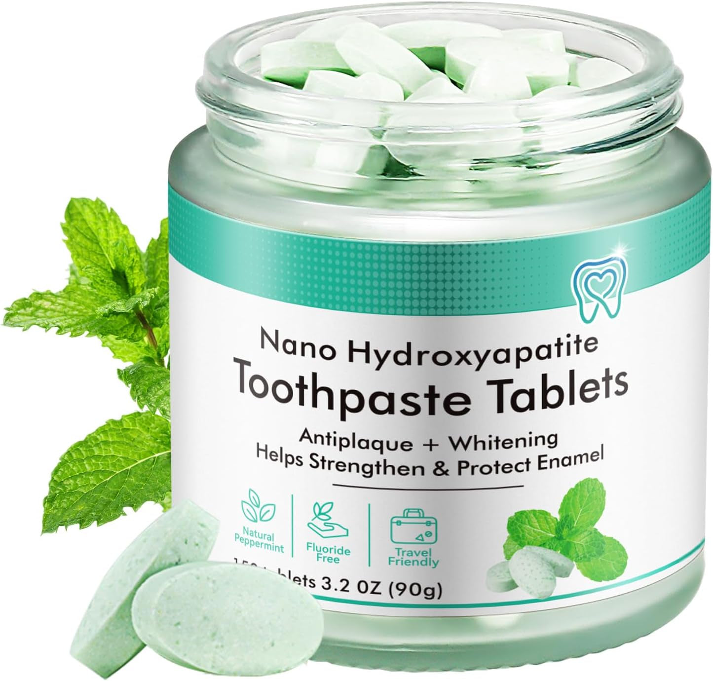 Toothpaste Tablets 150 Tabs - Chewable Nano Hydroxyapatite, Fluoride & Plastic Free, Natural Teeth Whitening, Sensitive Travel Mouthwash Tablets Peppermint (150 PCS)