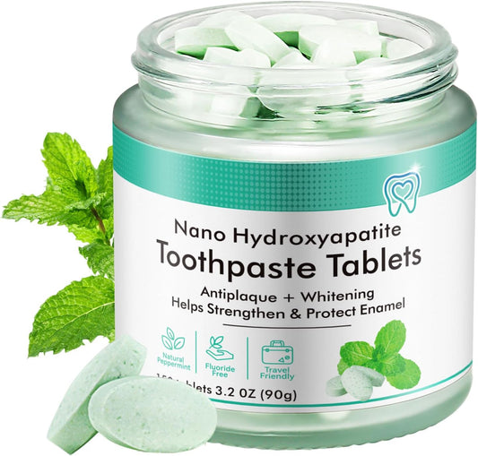 Toothpaste Tablets 150 Tabs - Chewable Nano Hydroxyapatite, Fluoride & Plastic Free, Natural Teeth Whitening, Sensitive Travel Mouthwash Tablets Peppermint (150 PCS)